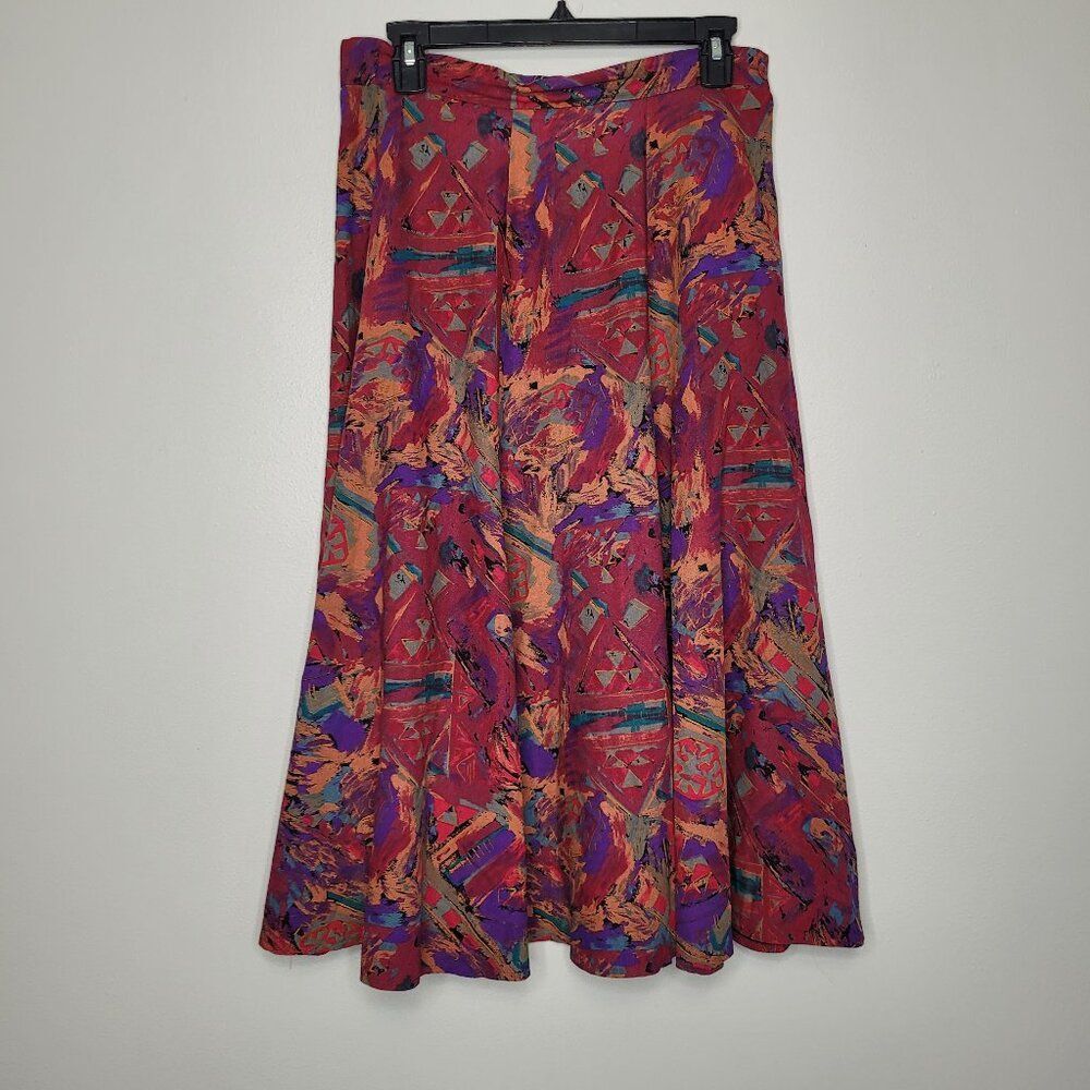 Vintage Georgiou red purple orange silk midi abstract artsy skirt size small